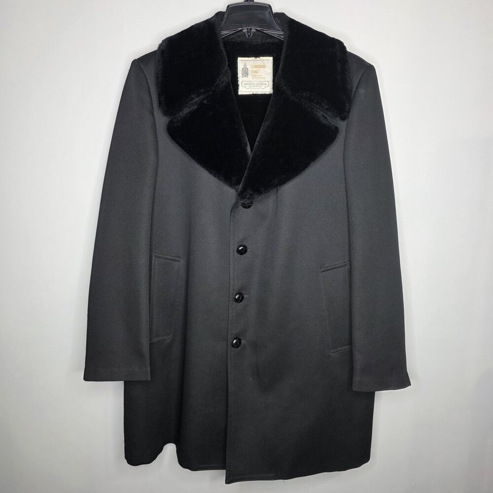 Vintage London Fog Mens 44R Black Overcoat Faux Fur Shawl Collar Wool Blend